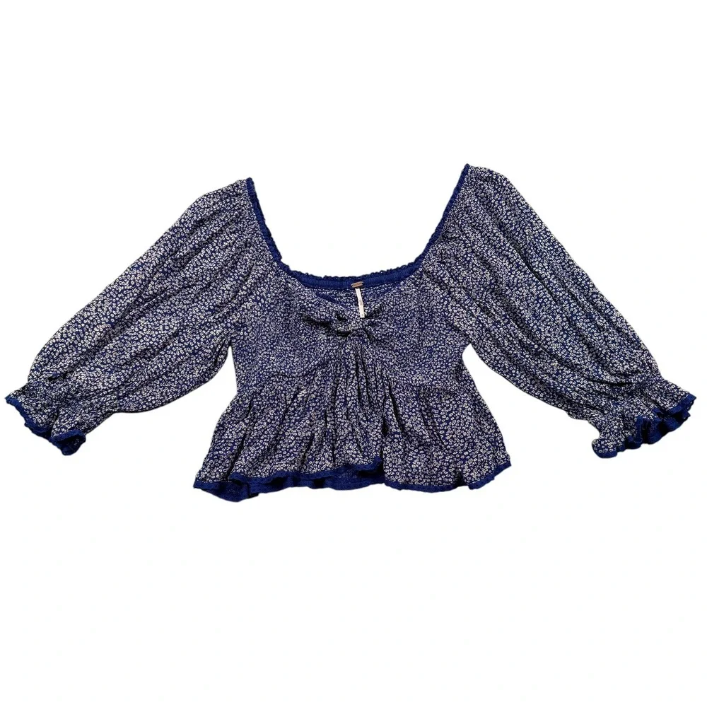 Free People Top Womens M Blue Floral Smocked Puff Sleeve Peplum Blouse